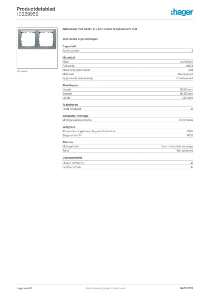 Afbeelding Hager Productdatablad 10229959 | Hager Nederland