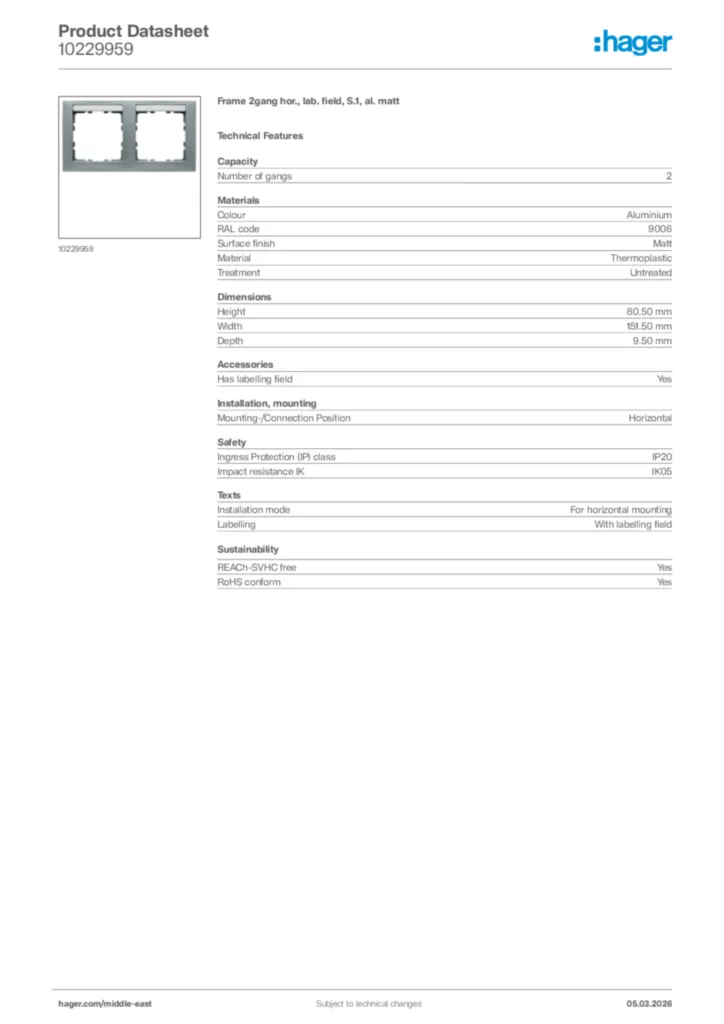 Image Hager Product data sheet 10229959  | Hager