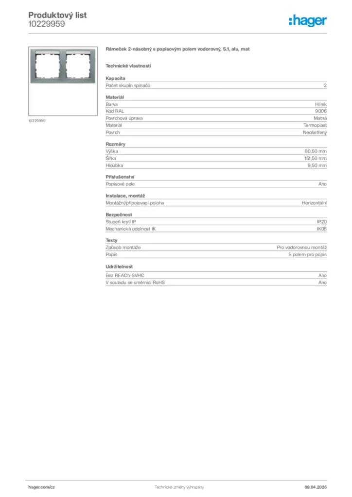 Obrázek Hager Product data sheet 10229959 | Hager