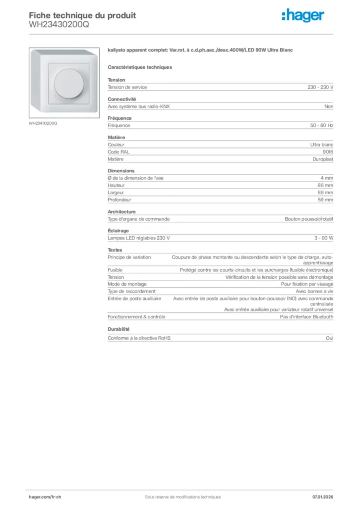Image Hager Fiche technique du produit WH23430200Q | Hager Suisse