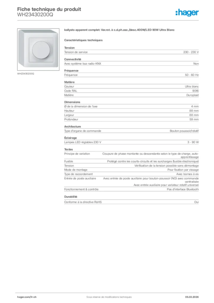 Image Hager Fiche technique du produit WH23430200Q | Hager Suisse