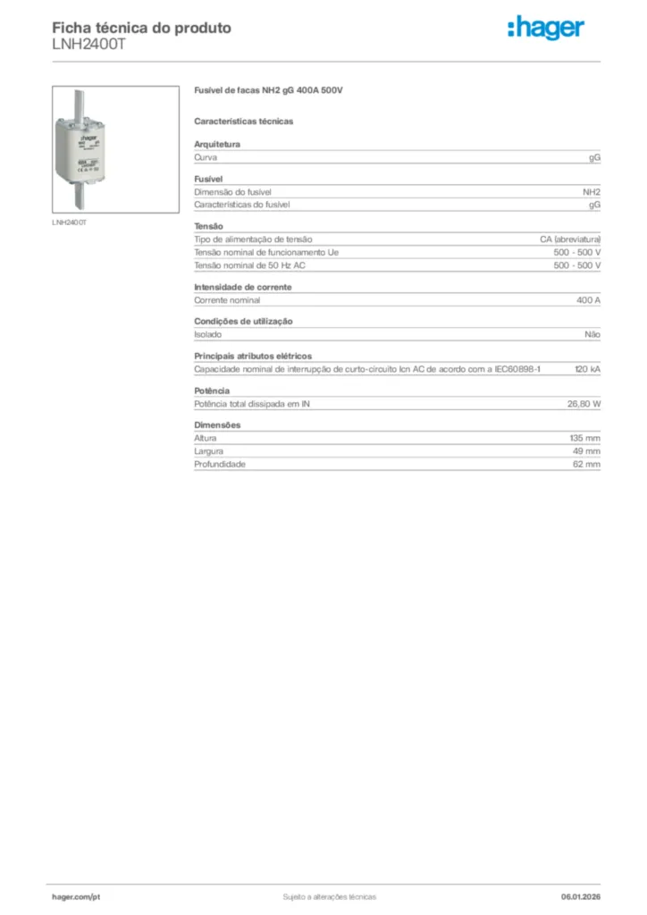 Imagem Hager Ficha técnica do produto LNH2400T | Hager Portugal