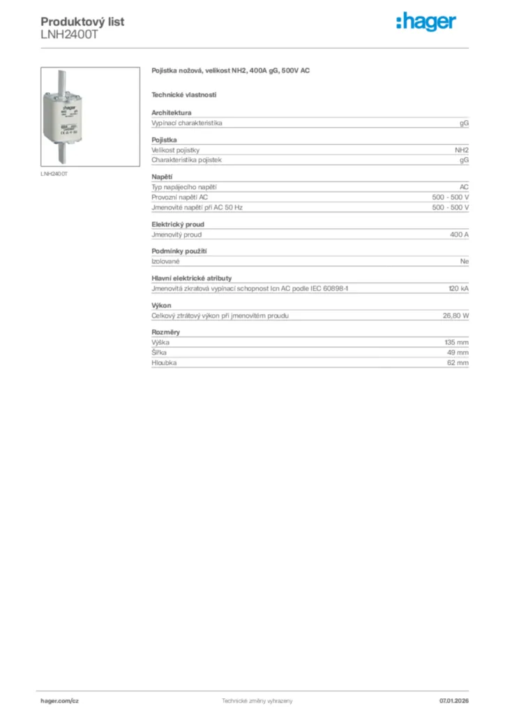 Obrázek Hager Product data sheet LNH2400T | Hager