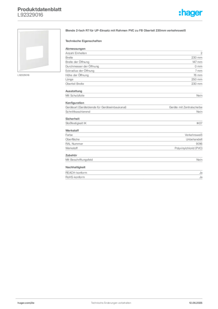 Hager Produktdatenblatt L92329016