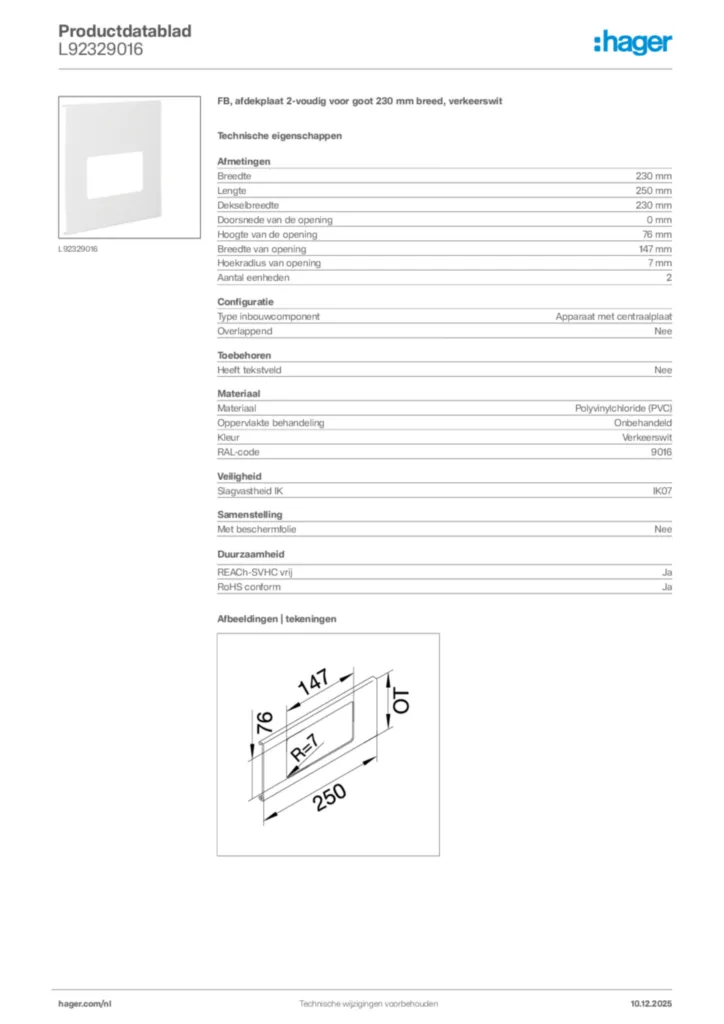 Afbeelding Hager Productdatablad L92329016 | Hager Nederland