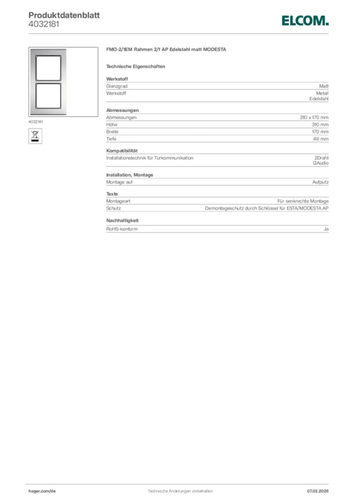 Bild Elcom Produktdatenblatt 4032181 | Hager Deutschland