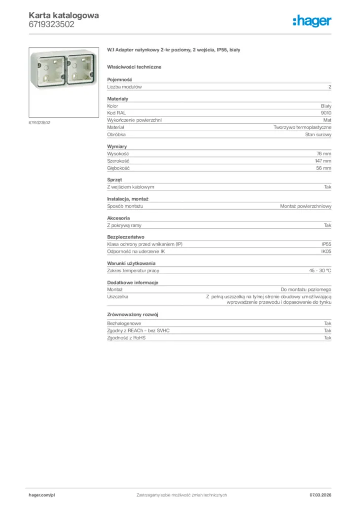 Zdjęcie Hager Karta katalogowa 6719323502 | Hager Polska