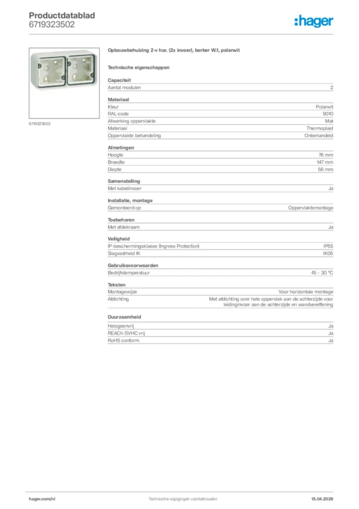 Afbeelding Hager Productdatablad 6719323502 | Hager Nederland