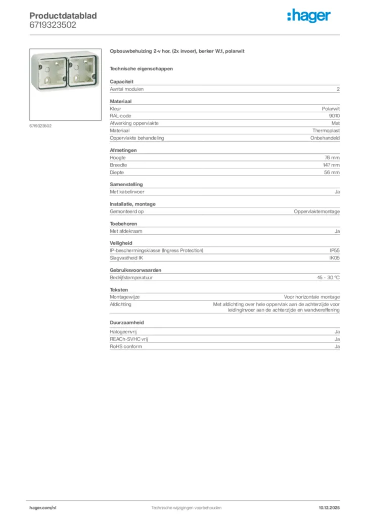 Afbeelding Hager Productdatablad 6719323502 | Hager Nederland