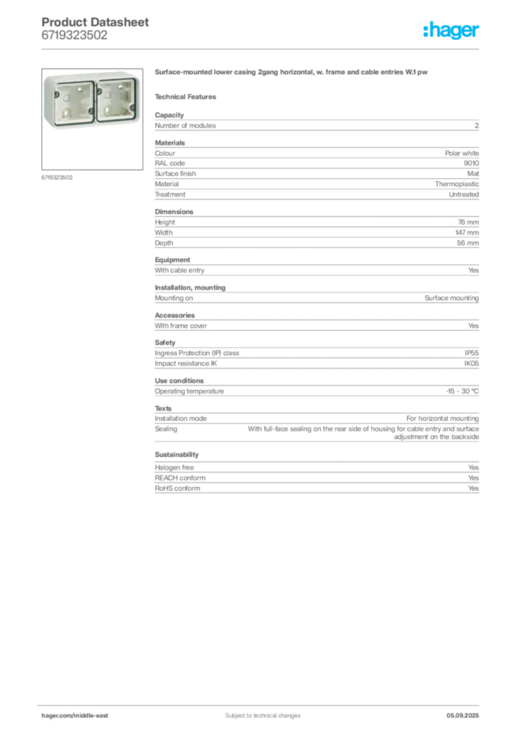 Image Hager Product data sheet 6719323502  | Hager