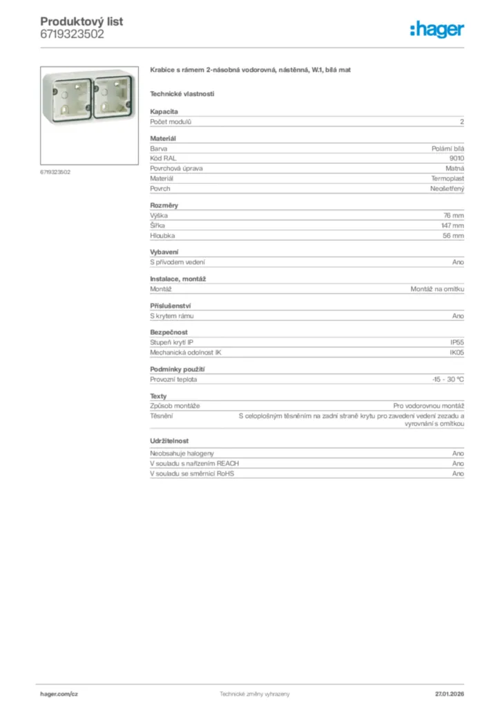 Obrázek Hager Product data sheet 6719323502 | Hager