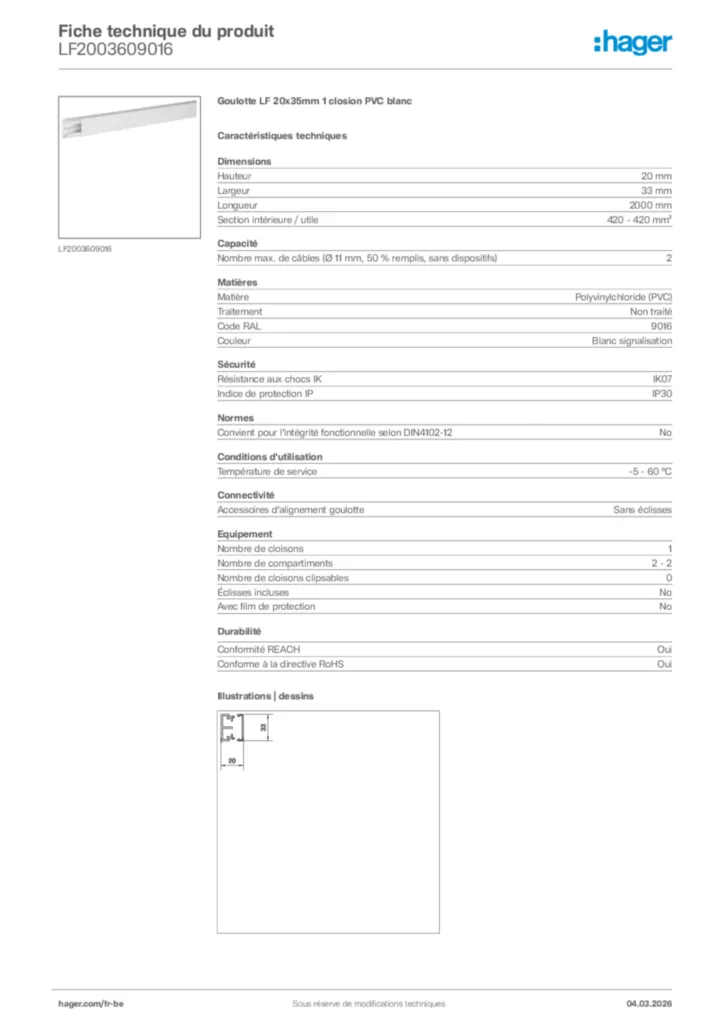 Image Hager Fiche technique du produit LF2003609016 | Hager Belgique