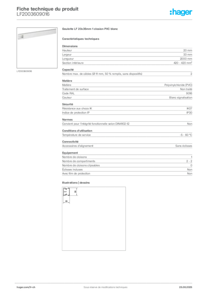 Image Hager Fiche technique du produit LF2003609016 | Hager Suisse