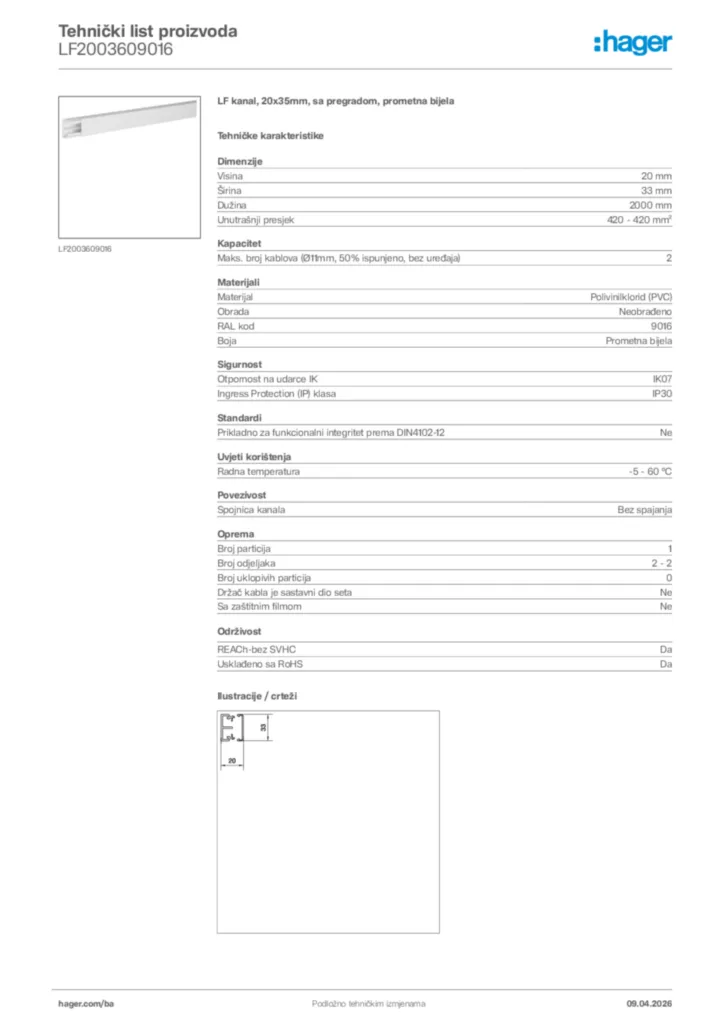 Slika Hager Tehnički list proizvoda LF2003609016  | Hager