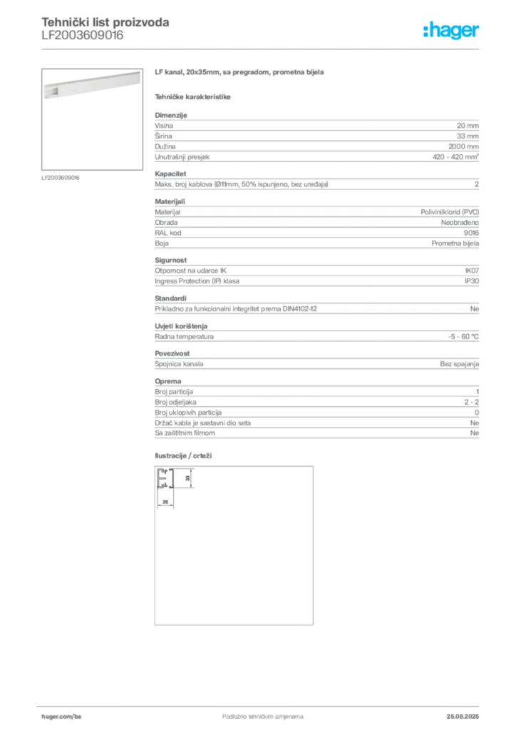 Slika Hager Product data sheet LF2003609016  | Hager