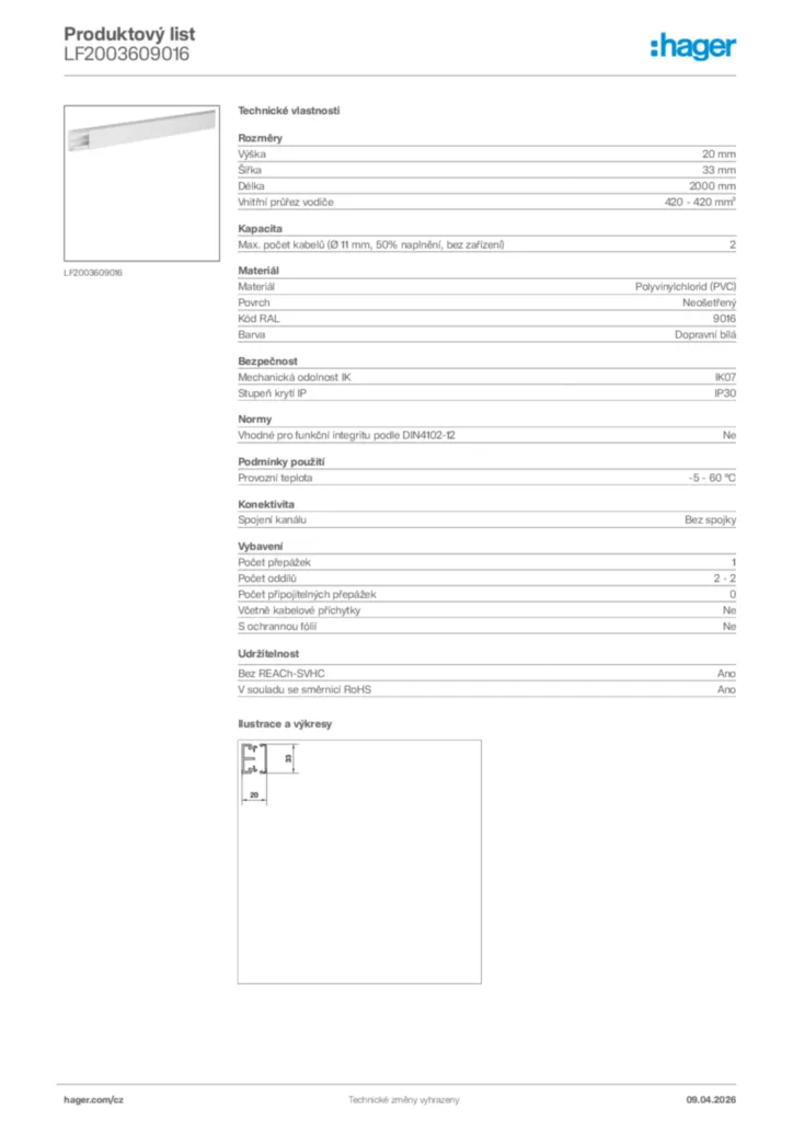 Obrázek Hager Product data sheet LF2003609016 | Hager