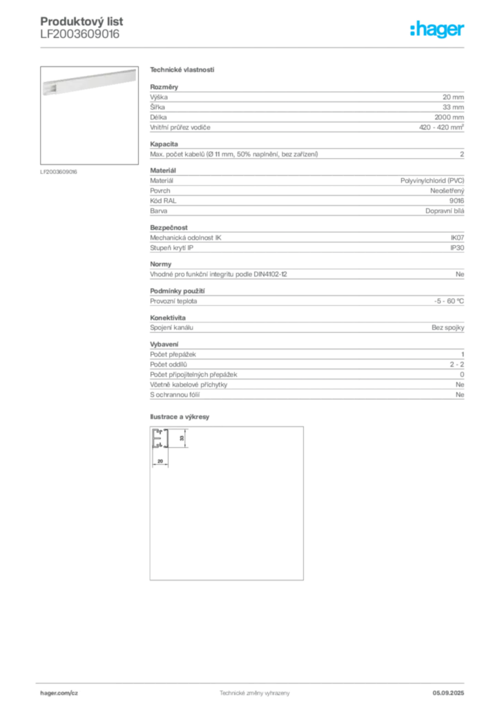 Obrázek Hager Produktový list LF2003609016 | Hager
