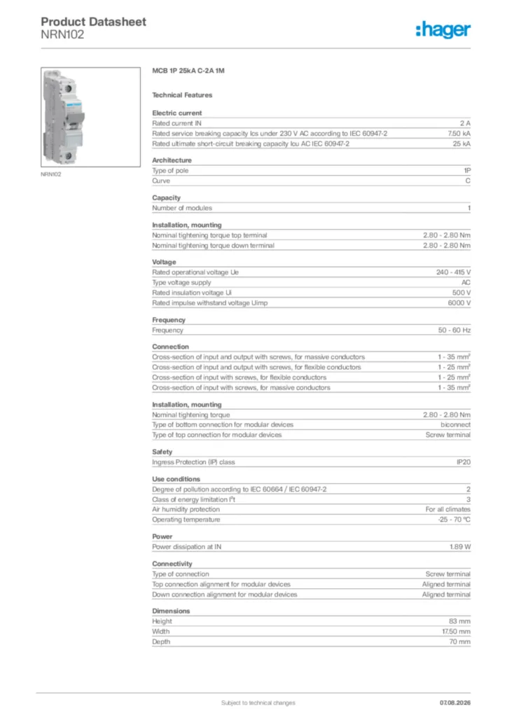 Image Hager Product data sheet NRN102  | Hager Africa
