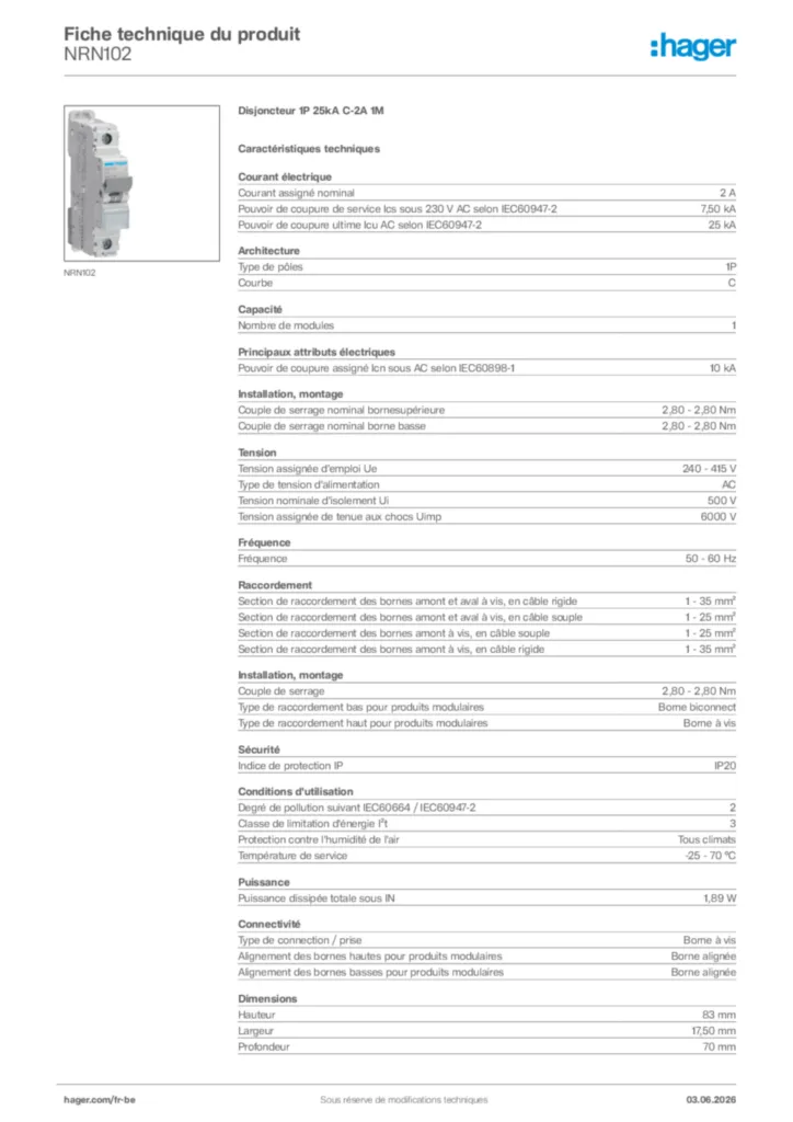 Image Hager Fiche technique du produit NRN102 | Hager Belgique