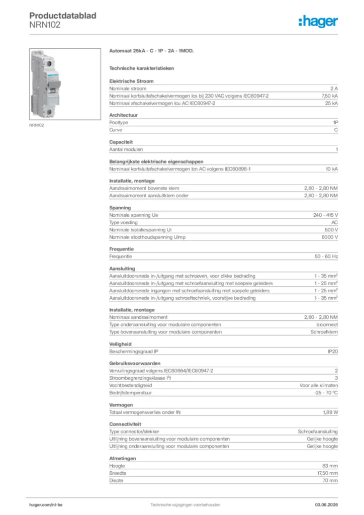 Afbeelding Hager Productdatablad NRN102 | Hager Belgium