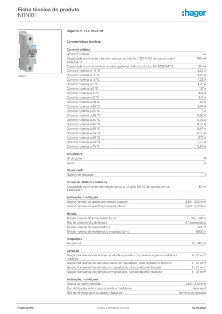 Imagem Hager Ficha técnica do produto NRN101 | Hager Portugal