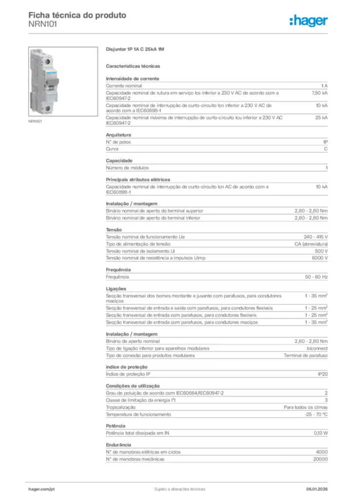 Imagem Hager Ficha técnica do produto NRN101 | Hager Portugal