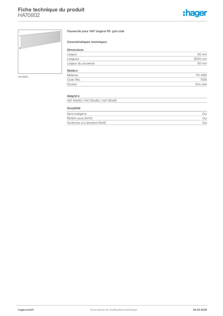 Image Hager Fiche technique du produit HA70802 | Hager France