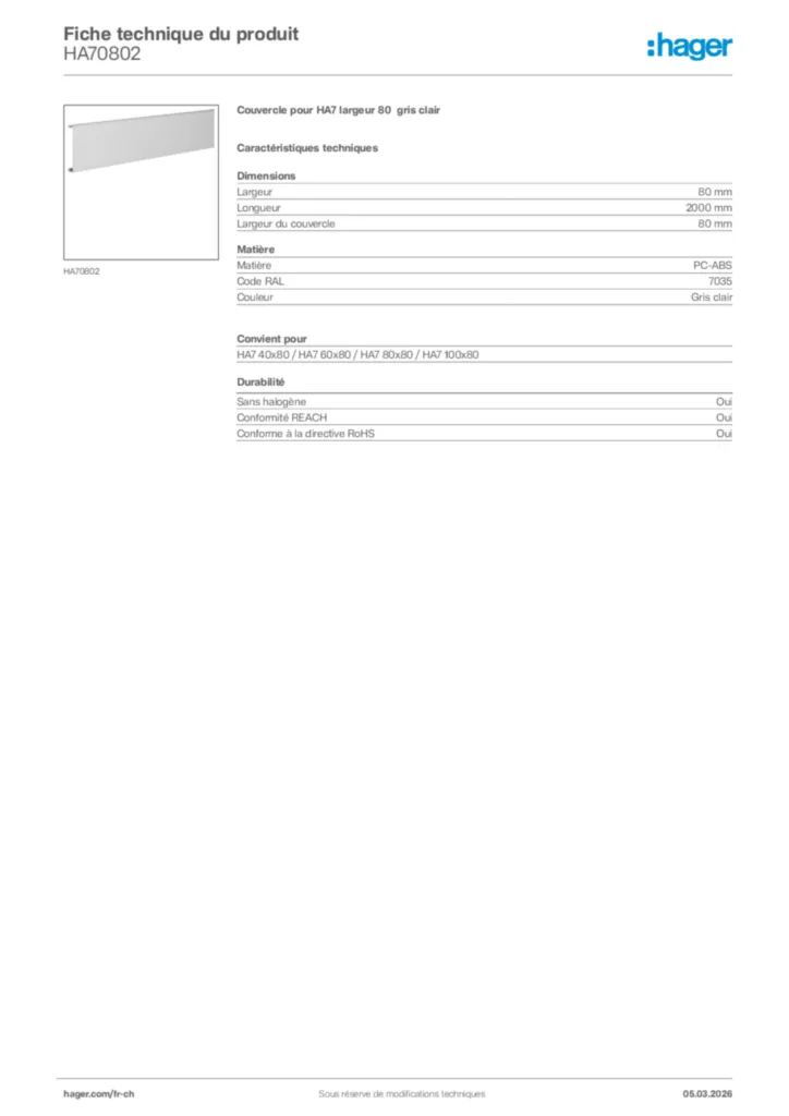 Image Hager Fiche technique du produit HA70802 | Hager Suisse