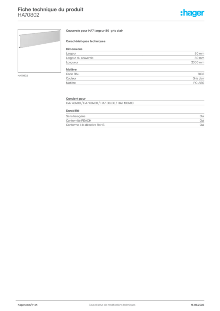 Image Hager Fiche technique du produit HA70802 | Hager Suisse