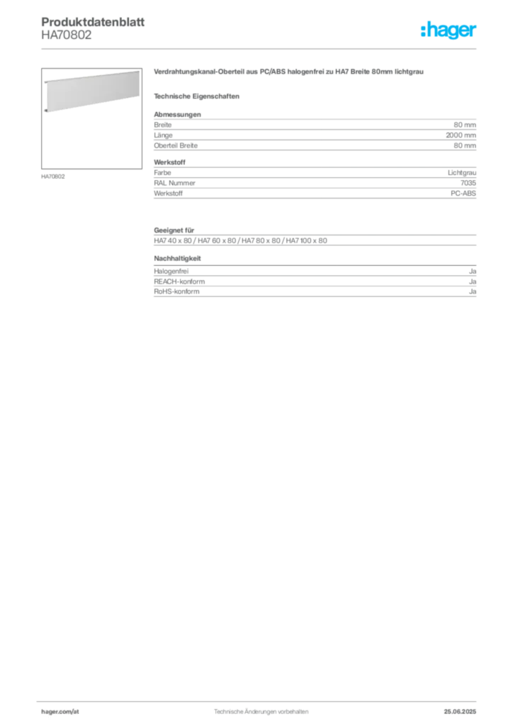Bild Hager Produktdatenblatt HA70802 | Hager Deutschland