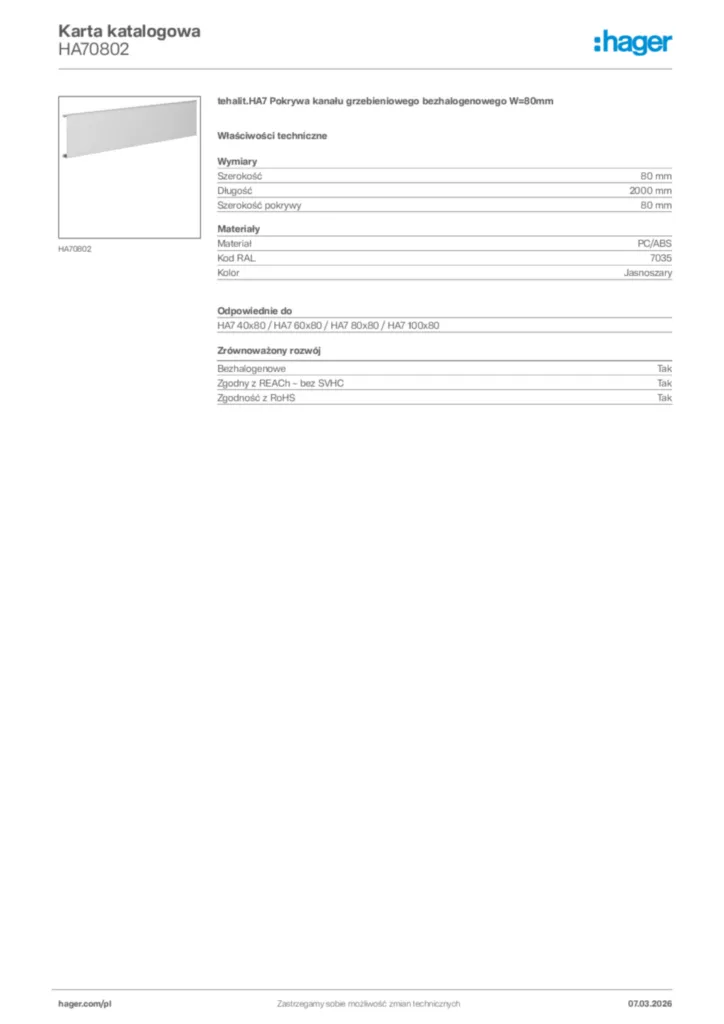 Zdjęcie Hager Karta katalogowa HA70802 | Hager Polska