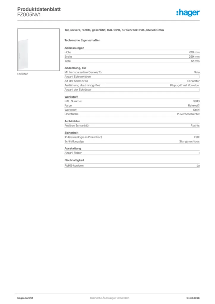 Bild Hager Produktdatenblatt FZ005NV1 | Hager Deutschland