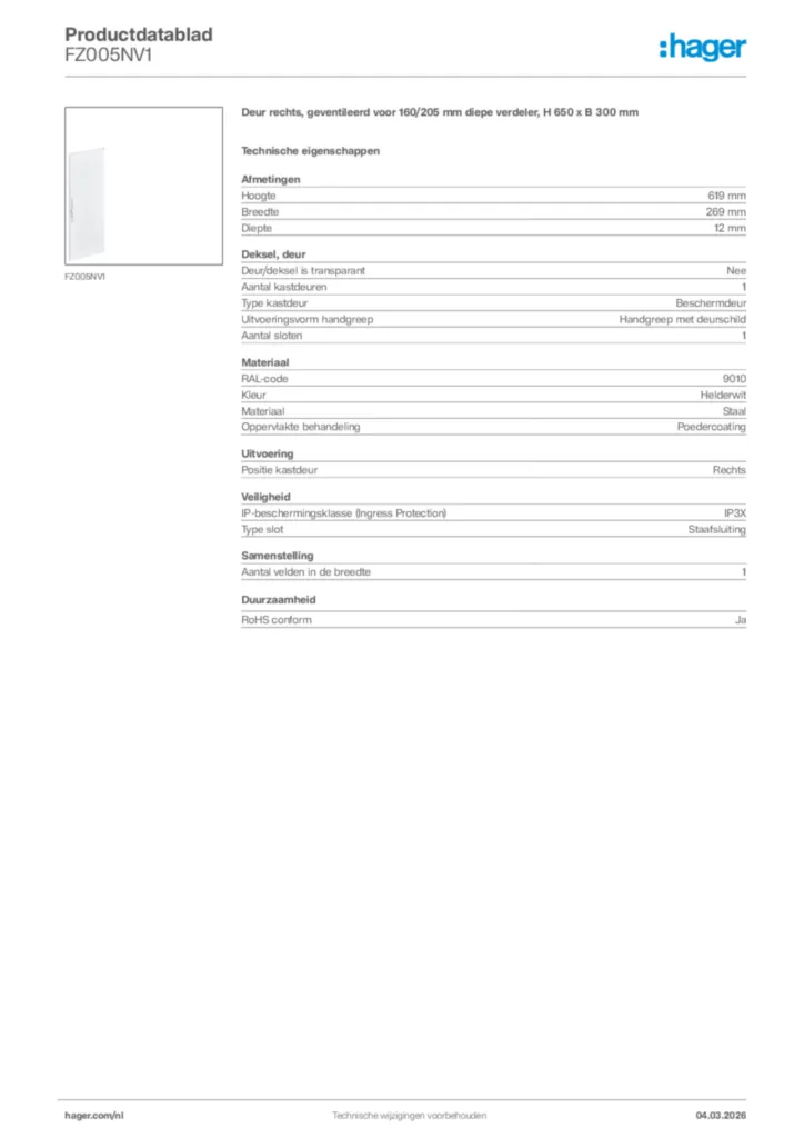 Afbeelding Hager Productdatablad FZ005NV1 | Hager Nederland