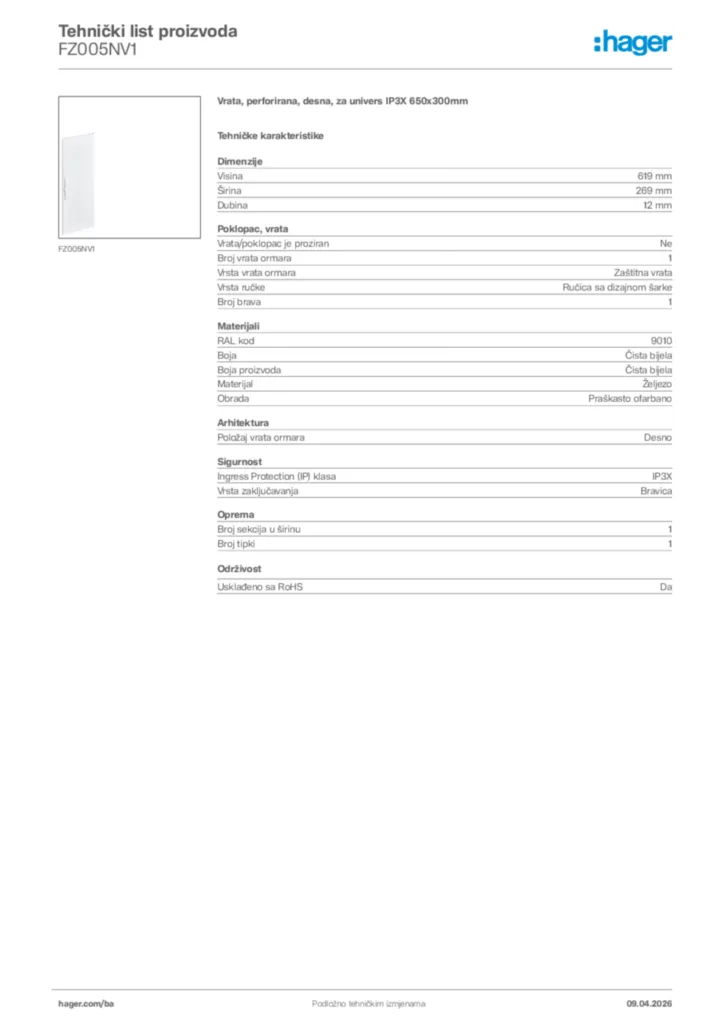 Slika Hager Tehnički list proizvoda FZ005NV1  | Hager