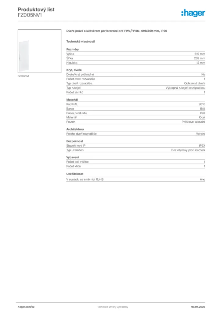 Obrázek Hager Product data sheet FZ005NV1 | Hager