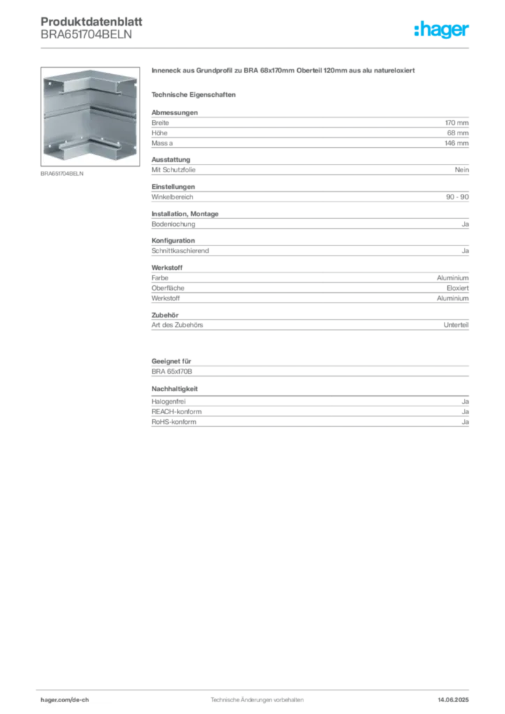 Bild Hager Produktdatenblatt BRA651704BELN | Hager Schweiz