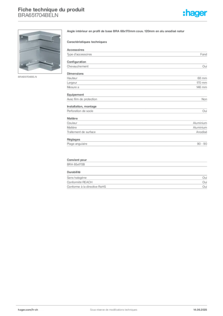 Image Hager Fiche technique du produit BRA651704BELN | Hager Suisse