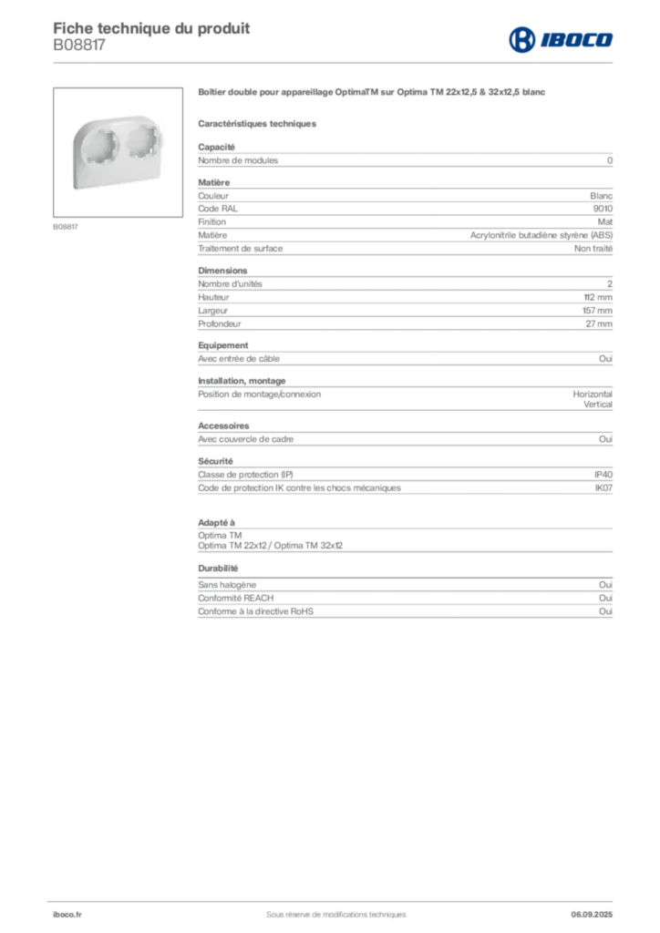 Image Iboco Fiche technique du produit B08817 | Hager France