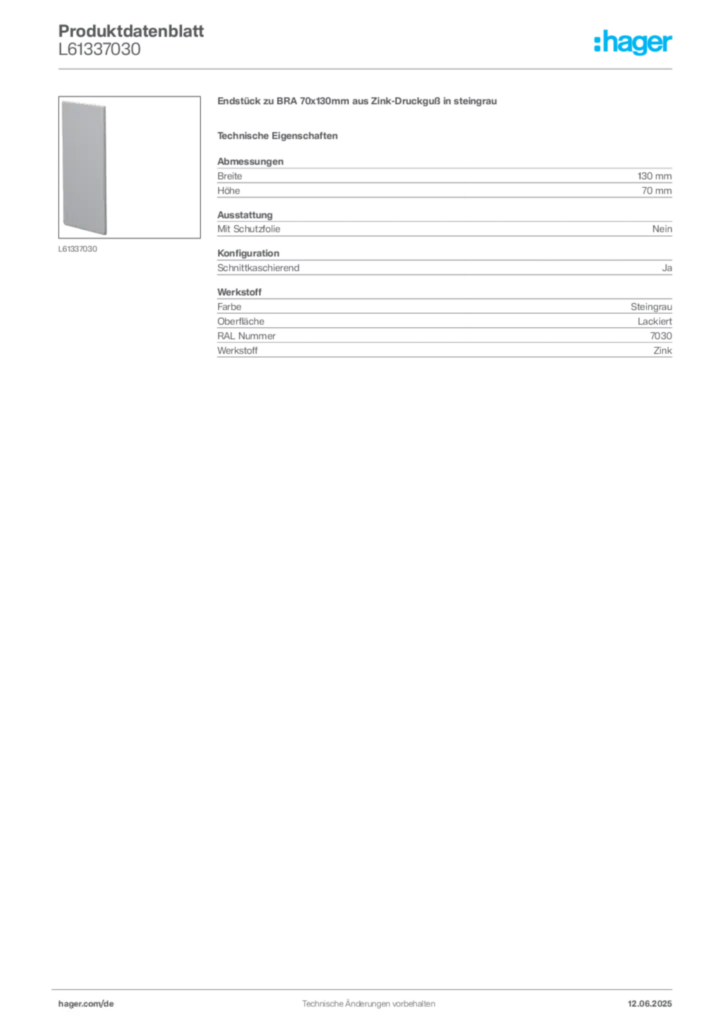 Bild Hager Produktdatenblatt L61337030 | Hager Deutschland