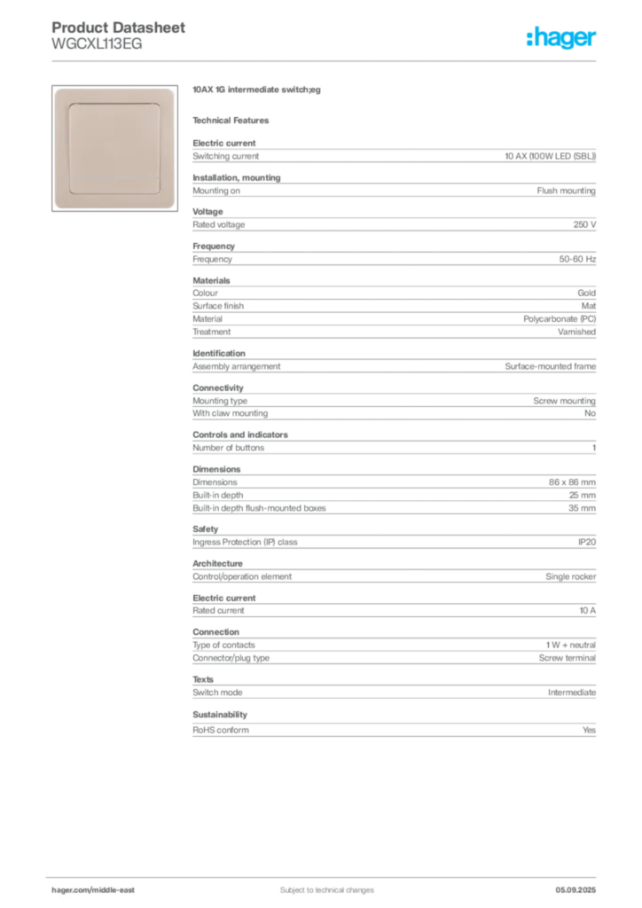 Image Hager Product data sheet WGCXL113EG  | Hager
