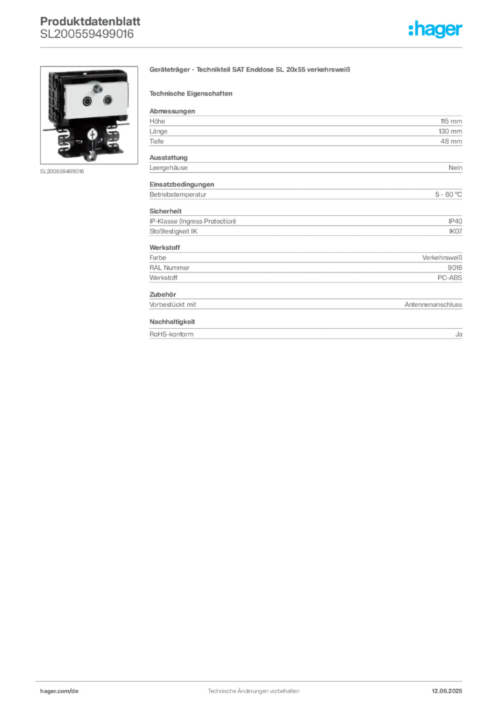 Bild Hager Produktdatenblatt SL200559499016 | Hager Deutschland