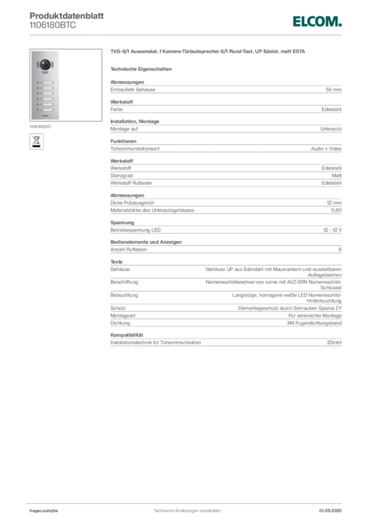 Bild Elcom Produktdatenblatt 1106180BTC | Hager Deutschland