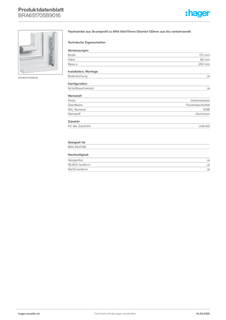 Bild Hager Produktdatenblatt BRA651705B9016 | Hager Schweiz
