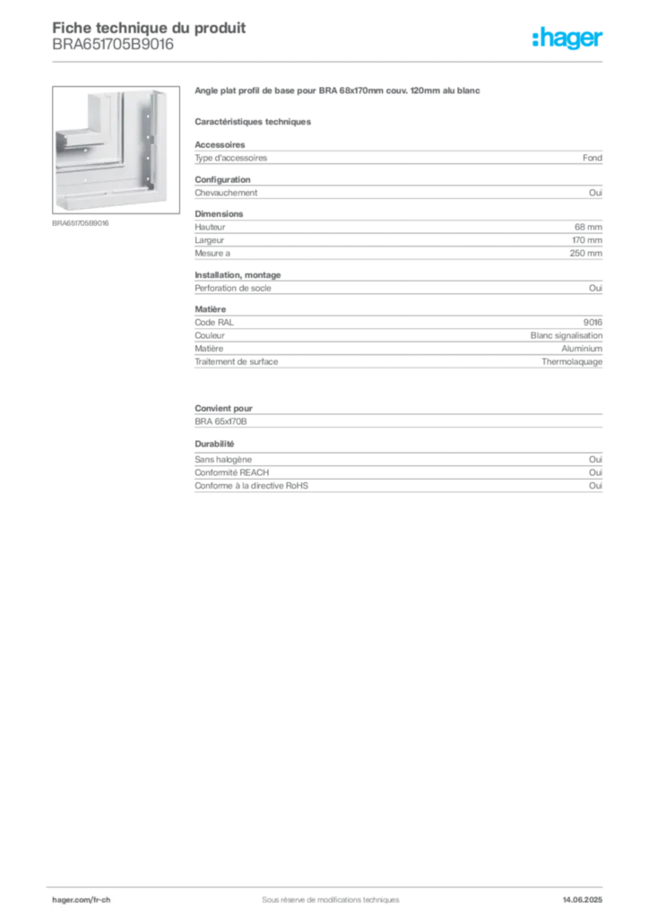 Image Hager Fiche technique du produit BRA651705B9016 | Hager Suisse