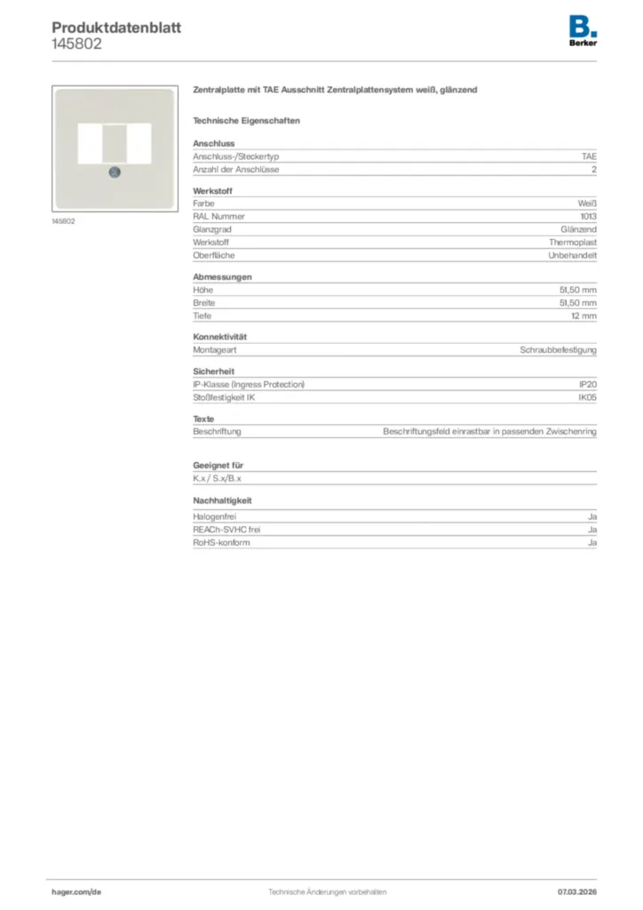 Bild Berker Produktdatenblatt 145802 | Hager Deutschland