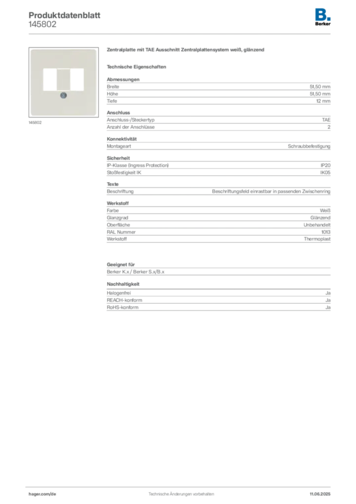 Bild Berker Produktdatenblatt 145802 | Hager Deutschland