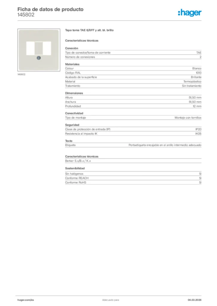 Imagen Hager Ficha de datos de producto 145802 | Hager España