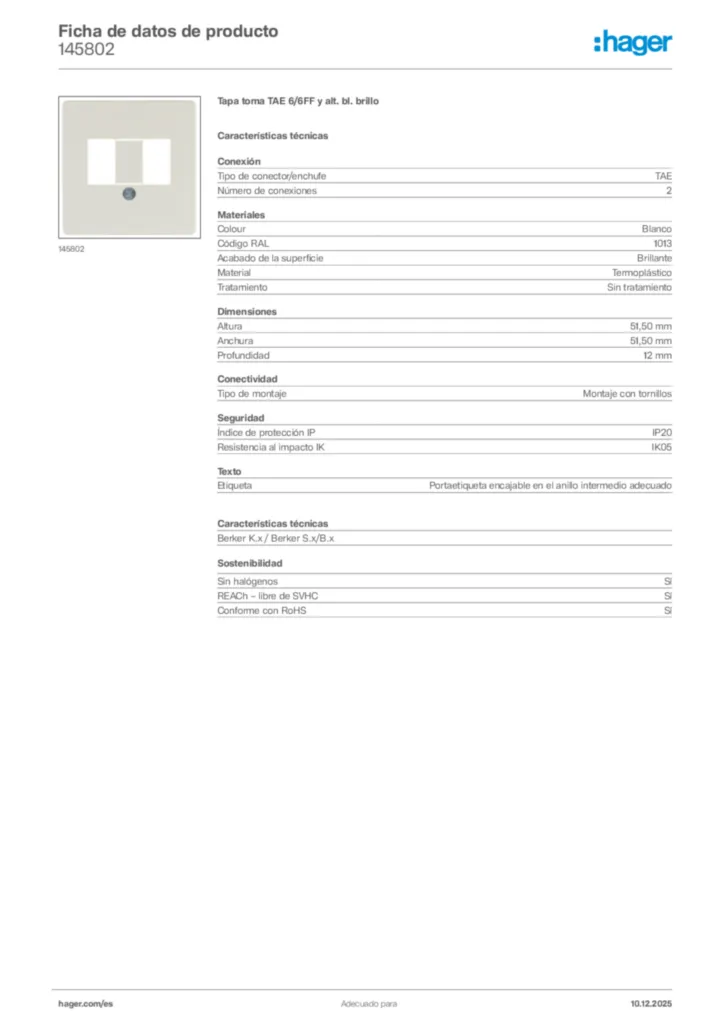 Imagen Hager Ficha de datos de producto 145802 | Hager España