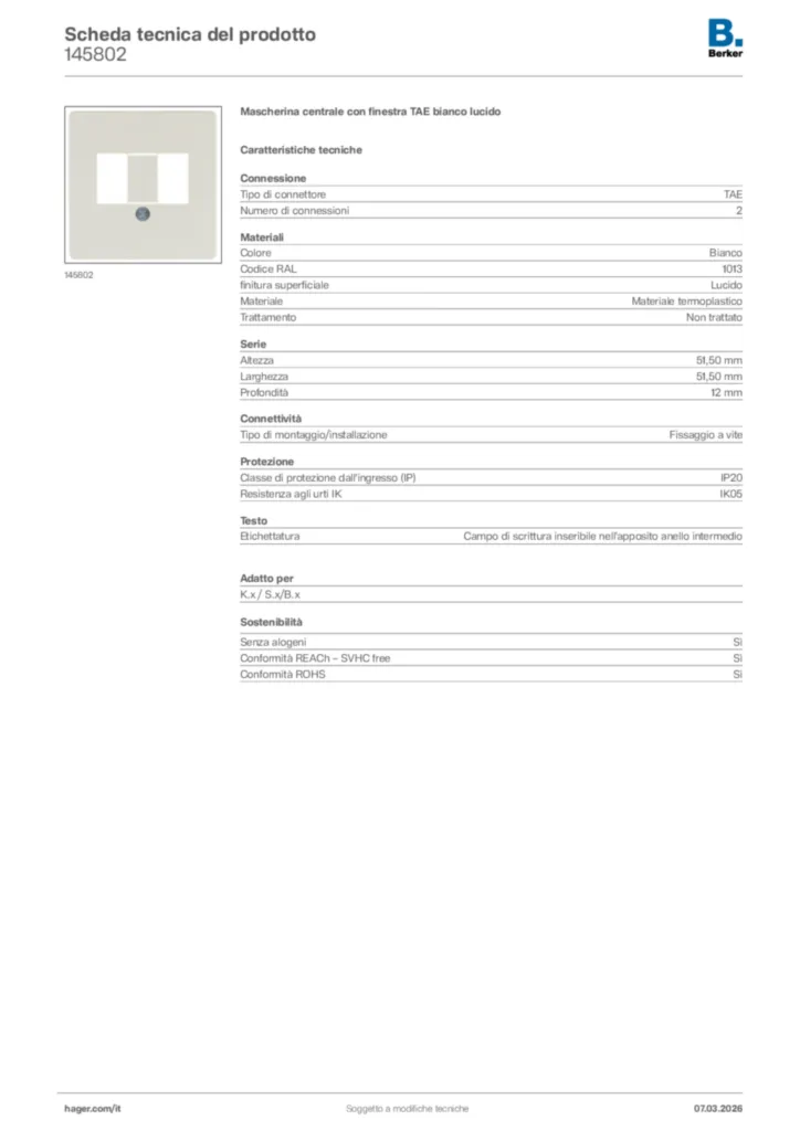 Immagine Berker Scheda tecnica del prodotto 145802 | Hager Italia