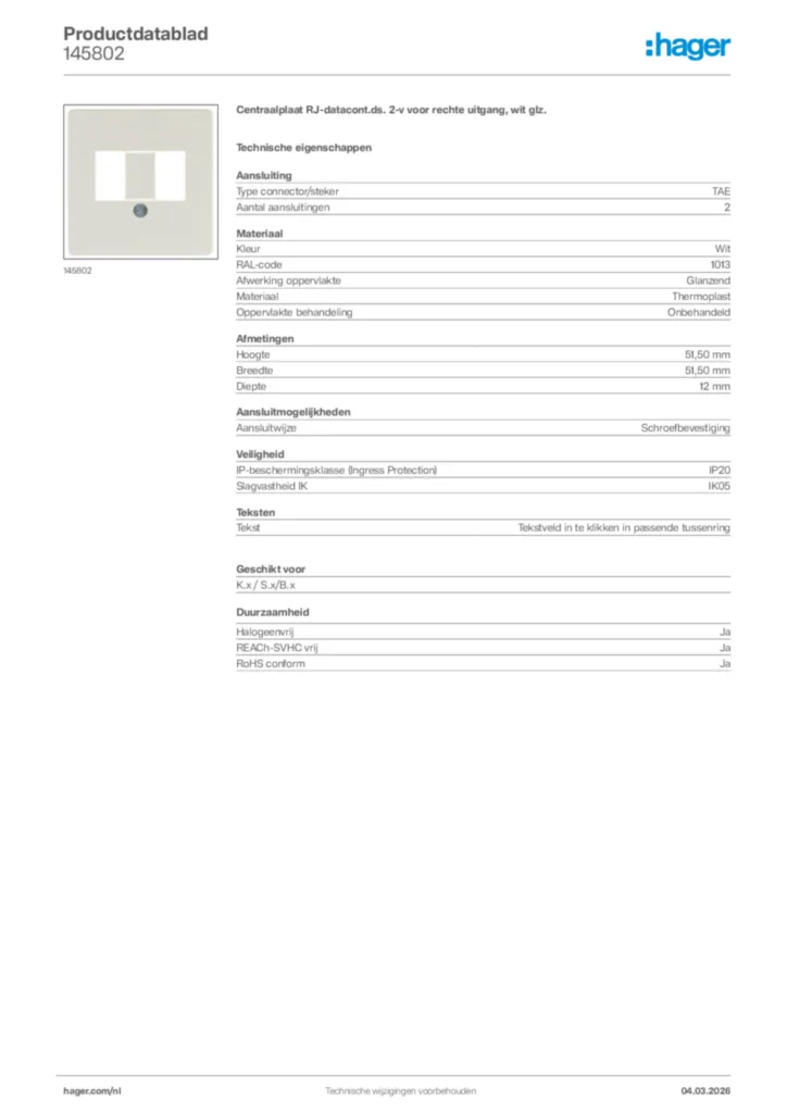 Afbeelding Hager Productdatablad 145802 | Hager Nederland